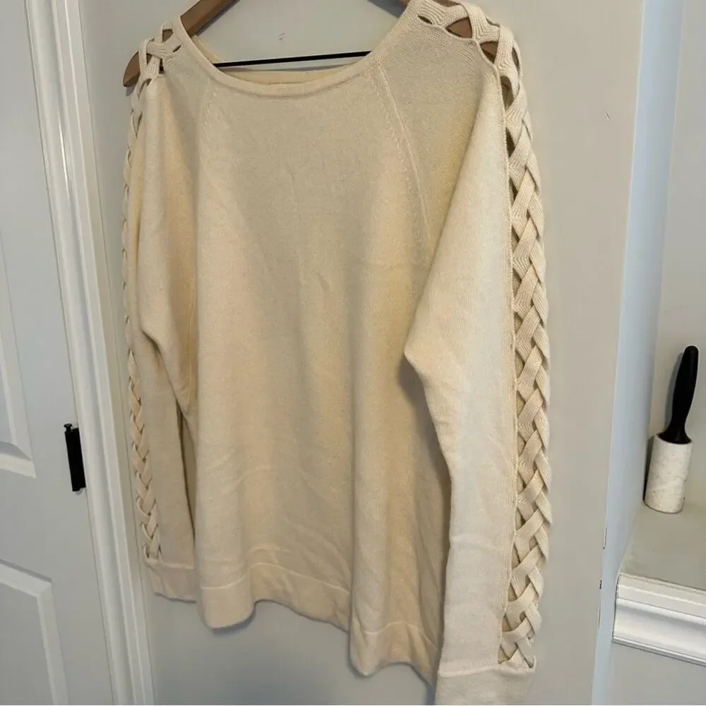 Kinross Cashmere Cream White Cross Hatch Sleeve Sweater XL
